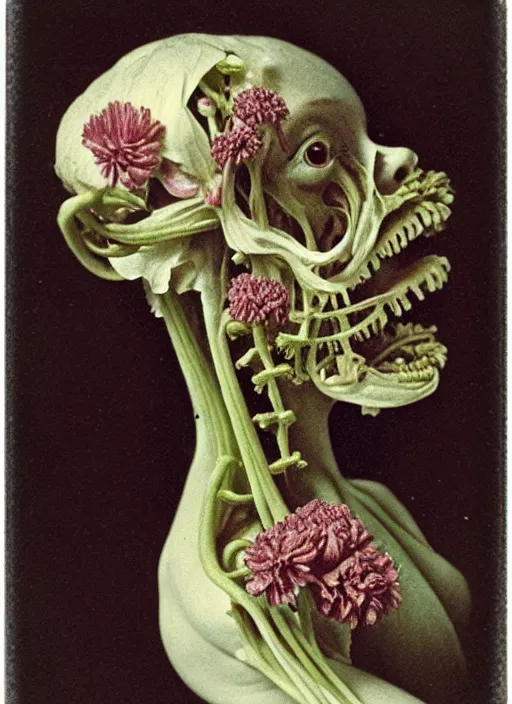 Image similar to beautiful and detailed rotten woman made of plants, carnation, chrysanthemum, tulips, muscles, intricate, organs, ornate, surreal, john constable, guy denning, gustave courbet, caravaggio, romero ressendi 1 9 1 0 polaroid photo