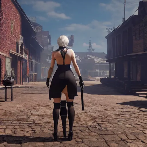 Image similar to Film still of 2B nier automata in a Town from Red Dead Redemption 2 (2018 video game), safe for work, medium full shot, detailed skin and thick thighs, artstation, artstation hq, hd, 4k