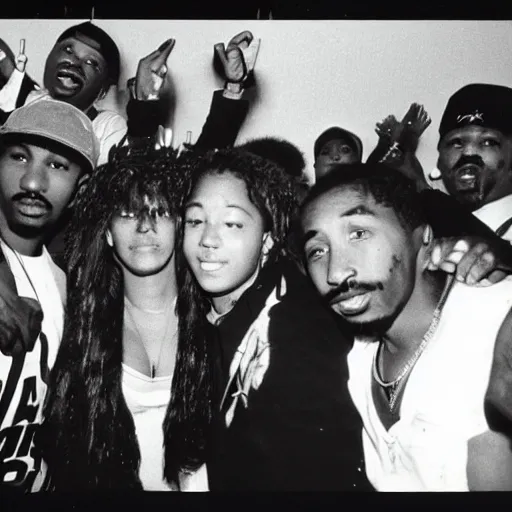 Image similar to photo of people partying in the 1990's. 2pac is the main focus of the photo, he is the main focus.