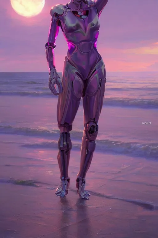 Image similar to vladimir putin robotic clothes in the beach purple sun, pink lighting ultra realistic photorealistic highly detailed high quality, a stunningly, digital painting, artstation, concept art, smooth, sharp focus, illustration, art by artgerm and greg rutkowski and alphonse mucha 8 k