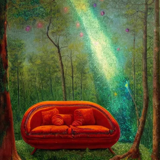 Image similar to psychedelic couch sofa in the lush pine forest, milky way, designed by arnold bocklin, jules bastien - lepage, tarsila do amaral, wayne barlowe and gustave baumann, cheval michael, trending on artstation, canada, star, sharp focus, colorful refracted sparkles and lines, soft light, 8 k 4 k