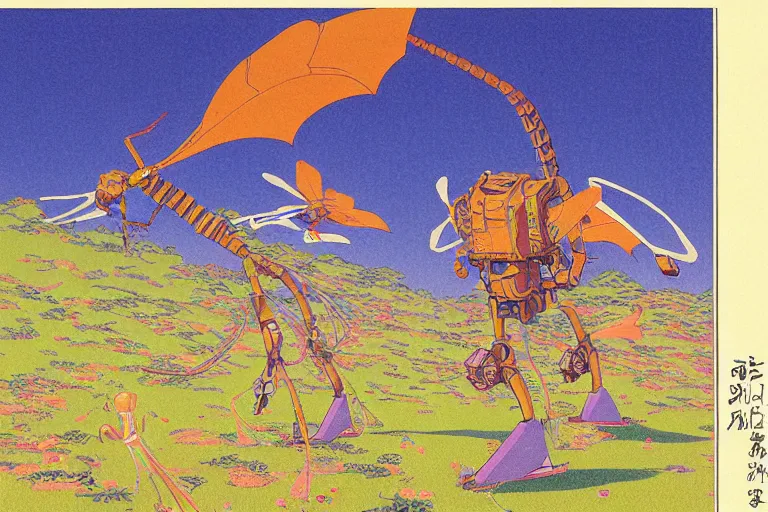 Image similar to gigantic dragonflies catch tiny cars, a lot of exotic mechas robots around, heads are all over the ground, acid and dreaming psychedelic hallucinations, risograph by kawase hasui, dirtyrobot, edward hopper, satoshi kon and moebius, colorful flat surreal design, super - detailed, a lot of tiny details, fullshot