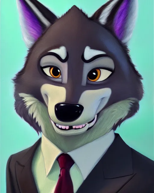 Image similar to oil painting of anthromorphic female wolf, in style of zootopia, female fursona, furry, furaffinity, 4 k, deviantart, furry art, fursona art, wearing black business suit, business suit, wolf fursona, female, very expressive detailed feminine face,