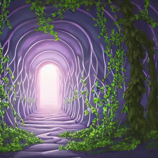 Image similar to a christian cross as the light is shining at the end of the tunnel, paradise outside of the tunnel, with pale purple and pale pink lighting, cute, aesthetic, anime, dark tunnel, with a few vines and overgrowth, studio ghibli, cinematic, painting, high definition, digital art, symmetrical, very detailed, extremely high detail, photo realistic, concept art, unreal engine 5,