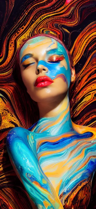 Prompt: 3 d female body silhouette sleeping in marbling liquid acrylic fluid, art noveauand art deco, gold, cinestill, bokeh photography, photography by amy leibowitz and volfgang schneider, bodypainting, painting by morava and goldalh, artstation, epic concept art, beautiful female face matte painting