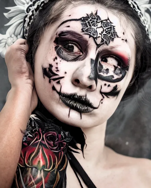 Prompt: photorealistic head and shoulders photo of beautiful female ornate fantasy Witch goddess, confident, minimal black skull warpaint, tattoos, Neil Blevins, James Paick, Natasha Tan Maciej Kuciara, Frank frazetta, arney freytag, Ritu Kumar, Sabyasachi Mukherjee, Magic the gathering,octane, bokeh, 8k, fashion pose, cinematic, 28mm