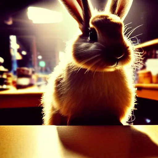 Prompt: detailed medium shot low angle image, deep depth of field of fluffy brown rabbit sitting behind the table smoking cigarette, smoke comes up, face full of tiredness, in front of it cup of coffee with milk in hipsters coffee shop. volumetric lights. by roger magrini, very cohesive, masterpiece, artstation trending