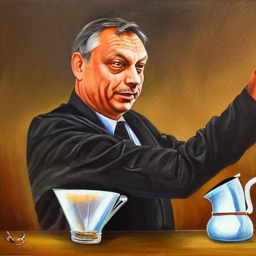 Image similar to viktor orban making drip coffee, oil painting