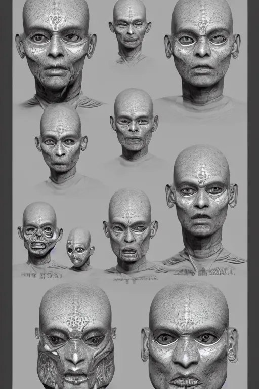 Image similar to mayan facial anatomy with gunmetal grey skin, medical anatomy, very symmetrical face, highly detailed, three - perspective / three - view reference sheet ( front / back / side ), in the style of dan ouellette, steven jung, amanda lilleston, hr giger, sil from species, dren from splice, mecha, artstation, unreal engine