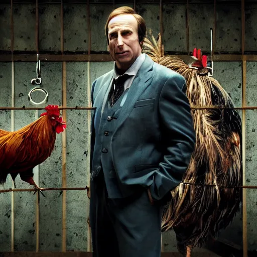 Image similar to saul goodman and a rooster in a saw movie torture chamber, saw movie jigsaw background, saul goodman, rooster, photo