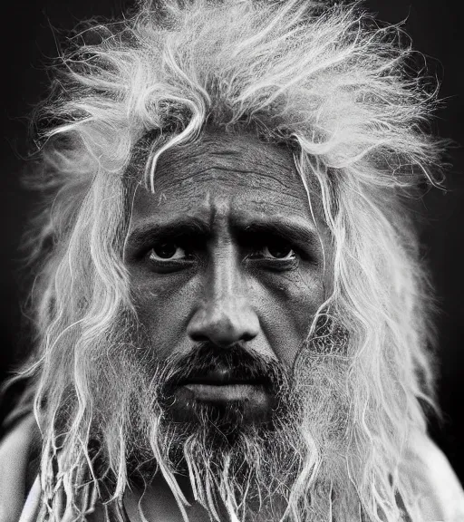 Image similar to Award winning reportage photo of Mauri Natives with incredible hair and beautiful hyper-detailed eyes wearing traditional garb by Lee Jeffries, 85mm ND 5, perfect lighting, gelatin silver process