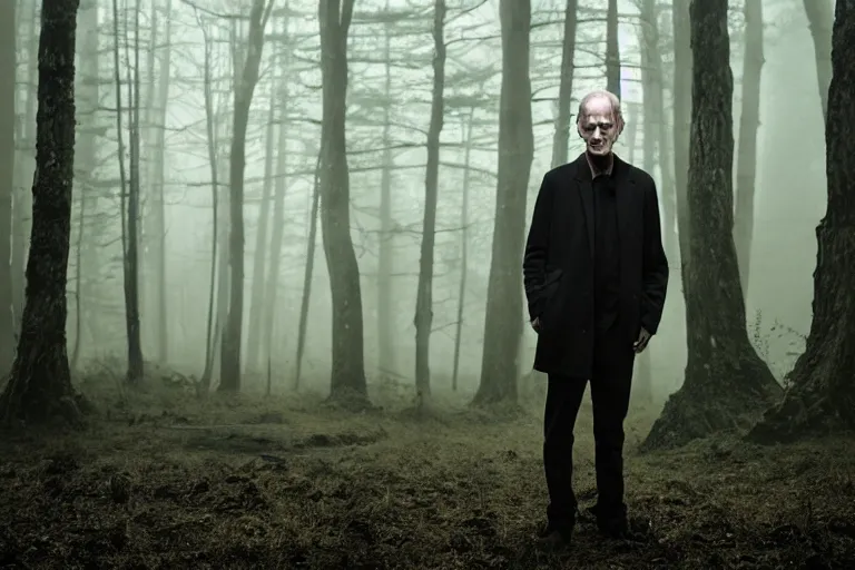 Image similar to a cinematic headshot portrait of a skinny evil male scientist, in a spooky forest, fog, portrait, portrait, portrait, shrubbery, 8 k, detailed, backlight, deep focus, movie still, moody lighting, by werner herzog