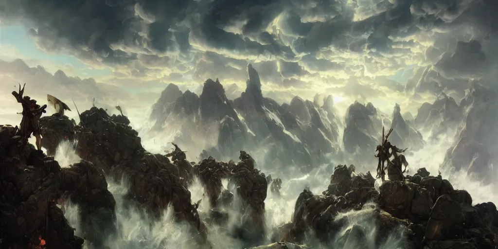 Prompt: barbarians, norse gods, fighting epic battle on rocks floating in the sky, celestial fortress in the clouds, thunder, good composition, artstation, 4 k illustration sharp focus cloceup sunlit painted by ruan jia raymond swanland lawrence alma tadema zdzislaw beksinski norman rockwell tom lovell alex malveda greg staples