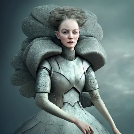 Image similar to medium shot of a woman wearing an armor made of thunderous clouds. coherent face. soft. fragile. by ray caesar. by louise dahl - wolfe. by anna claren. surreal photography. octane render