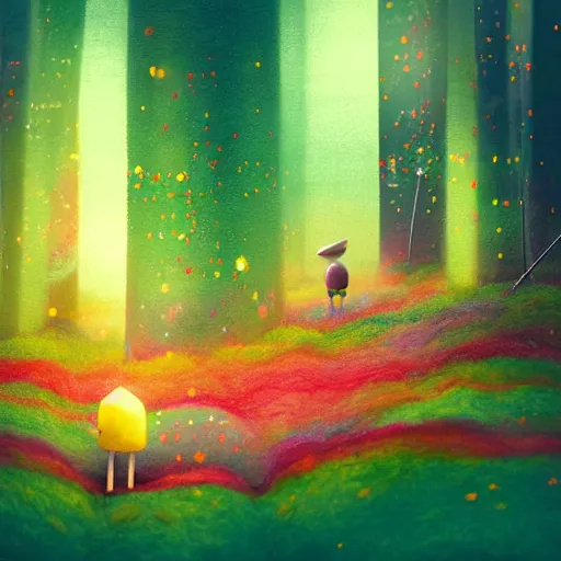 Image similar to a matte digital painting of a candy forest at night, bokeh, bright colours, watercolor, volumetric wool felting, macro photography, children illustration, by goro fujita