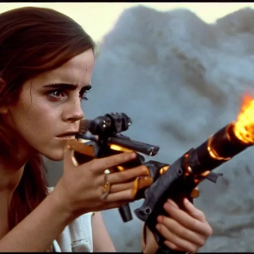 Image similar to film still of Emma Watson holding a flamethrower in Alien 1979, 4k