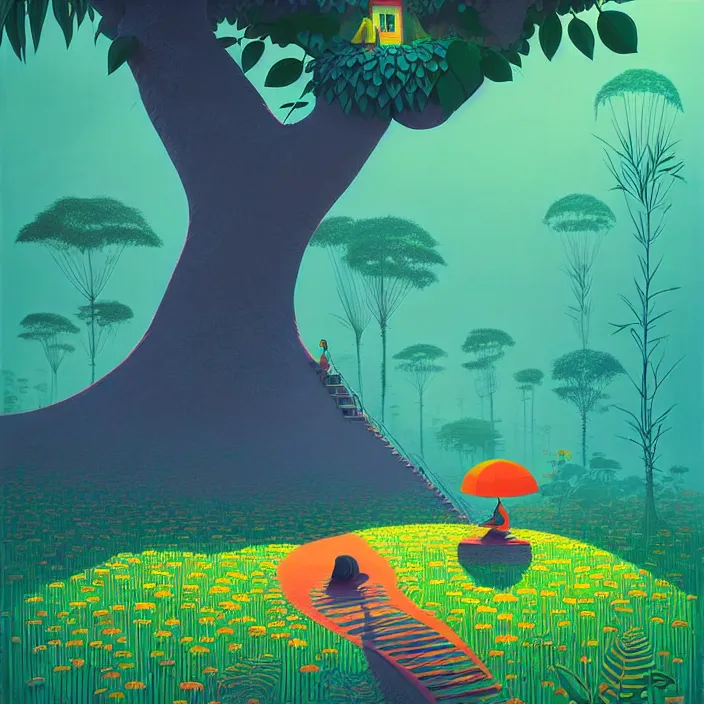 Image similar to ( ( ( gediminas pranckevicius ) ) ), under bo tree in a jungle garden summer morning, very coherent and colorful high contrast art by james gilleard floralpunk screen printing woodblock, dark shadows, pastel color, hard lighting