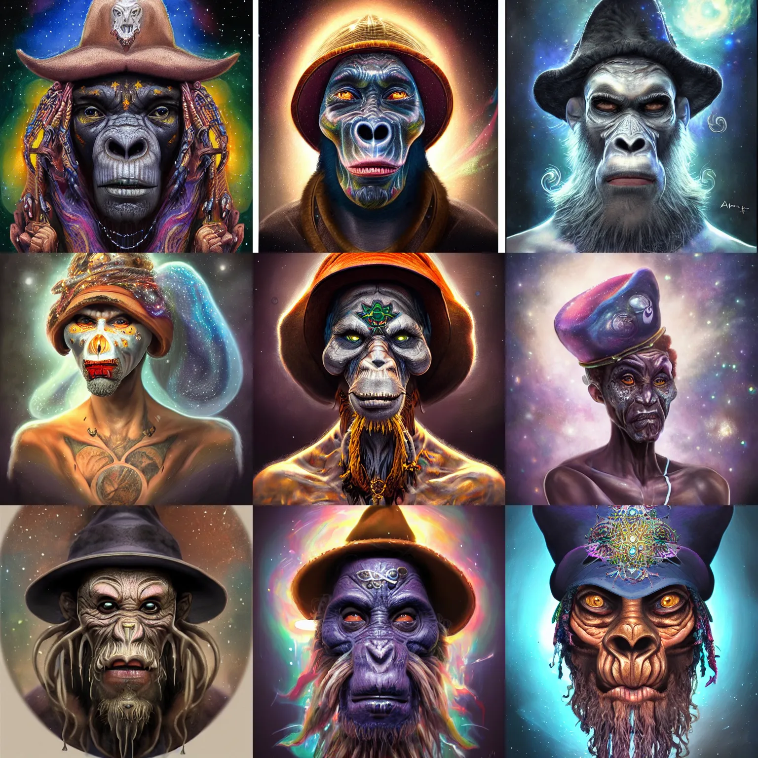 Prompt: a wlop 3 d render of very very very very highly detailed beautiful mystic portrait of a phantom student voodoo ape in a hat with whirling galaxy around, tattoos by anton pieck, intricate, extremely detailed, digital painting, artstation, concept art, smooth, sharp focus, illustration, intimidating lighting, incredible art,