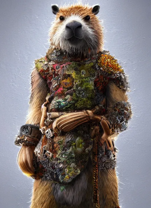 Image similar to detailed full body concept art illustration soft focus oil painting on canvas of an anthropomorphic capybara druid in full intricate clothing, biomutant, dystopian, micro detail, octane render, 4K