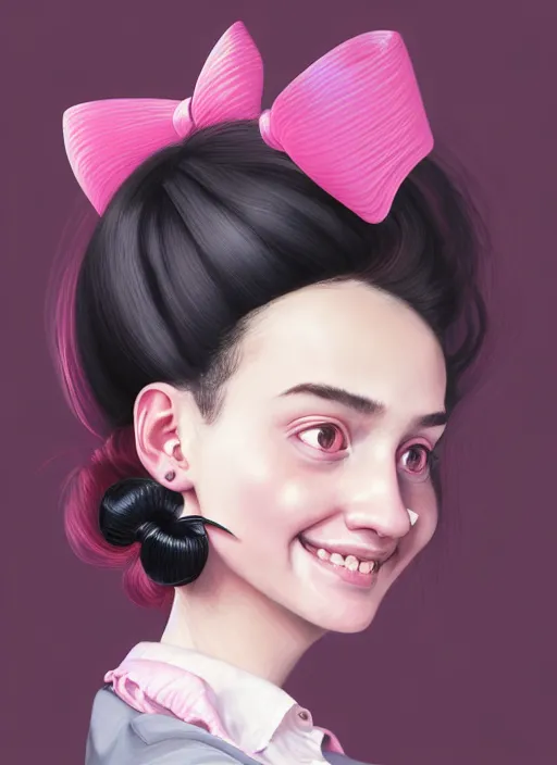 Image similar to portrait of high school girl, realistic, black hair, bangs, half updo hairstyle, pointy nose, skinny, smile, ugly, defined jawline, big chin, pink hair bow, earrings, intricate, elegant, glowing lights, highly detailed, digital painting, artstation, sharp focus, illustration, art by wlop, mars ravelo and greg rutkowski