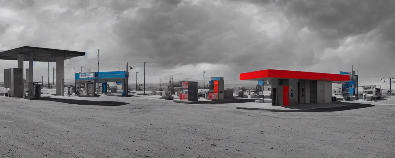 Prompt: a brutalist russian gas station with foreign neon signs next to a rural road in the desert of arizona, snow, stormy weather, ultra realism, digital art