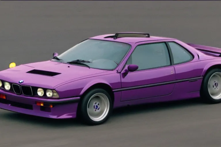 Prompt: vintage archival race footage of a single purple 1995 BMW M1, with elements of the Vector W8 Twin Turbo, movie still, speed, cinematic Panavision 5384 film