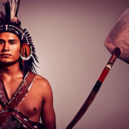 Prompt: young handsome Native American man wears warrior regalia and headdress, wielding a tomahawk, fiery background, digital art, stunning, 4k