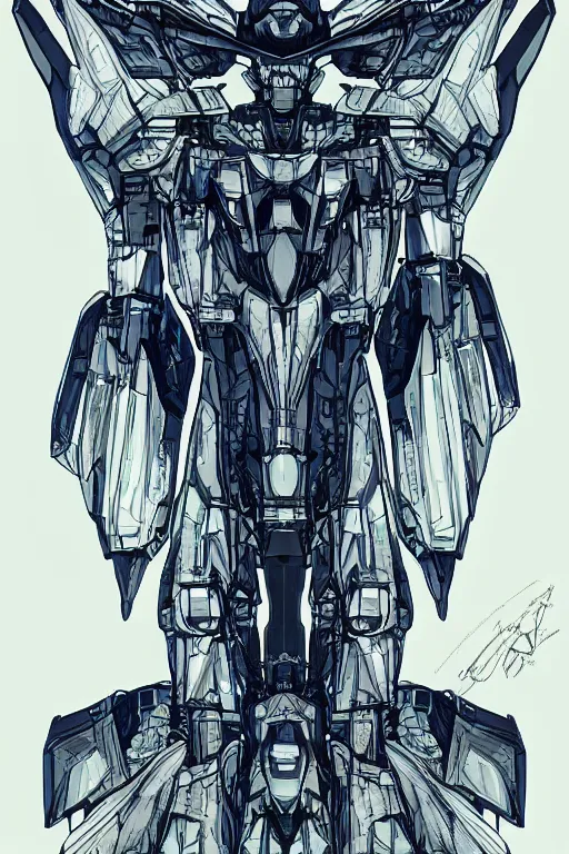 Image similar to very symmetrical!! full body illustrations of mecha, pen and ink, moderately detailed, concept art, wings, cyborg feathers, spread, cyborg wing, artstation, deviantart, pinterest