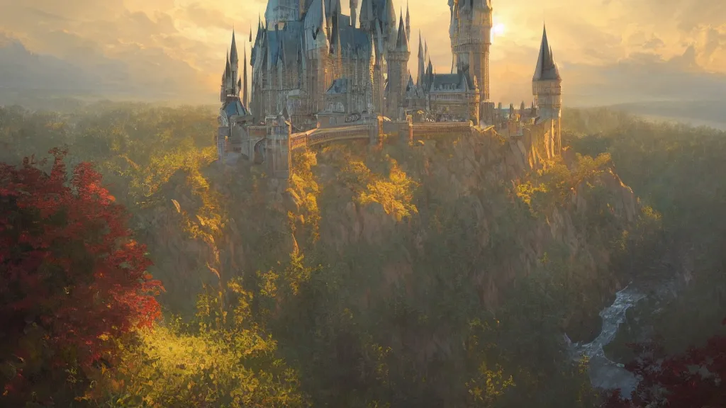 Prompt: a beautiful painting of the view from the train of hogwarts castle at sunrise, intricate, elegant, highly detailed, digital painting, artstation, concept art, by krenz cushart and artem demura and alphonse mucha