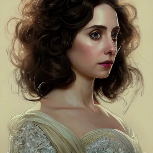 Image similar to ultra realistic illustration, alison brie wearing a curly english mustache, intricate, elegant, highly detailed, digital painting, artstation, concept art, smooth, sharp focus, illustration, art by artgerm and greg rutkowski and alphonse mucha