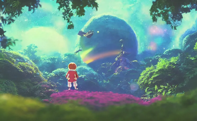 Image similar to a still of a cute adorable tiny astronaut, on a planet of lush colorful foliage surrounded by kaiju monsters, magical forest, sharp focus, neon backlit, highly detailed, disney pixar studio ghibli makoto shinkai, digital painting, matte, octane render, cinematic volumetric lighting, global illumination, iridescent, anime, 8 k concept art