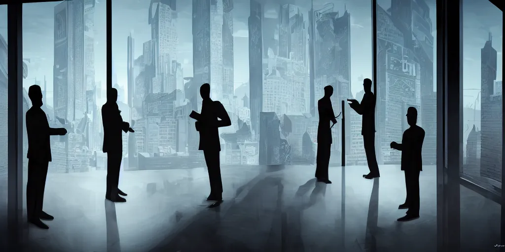 Prompt: cinematic view of hyper realistic orwellian shadow figures arguing at a boardroom table in front of a skyscraper windows by cedric peyravernay, by dave melvin, by jorge jacinto, depth of field, sharp focus, pop art style, intricate, high detail, digital art, ultra realistic, cinematic lighting, artstation, 3 5 mm film grain
