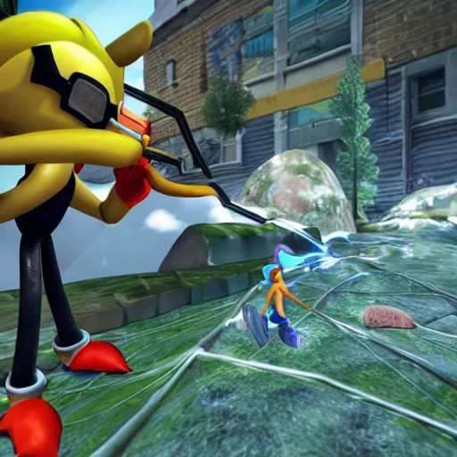 Prompt: Gordon Freeman Battling a headcrab in the Sonic Green Hill Zone 4k graphics exclusive HalfLife DLC.