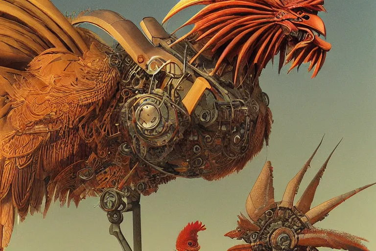 Prompt: digital painting of an ominous mechanical rooster with huge beak and talons, by wayne barlowe and bob pepper, highly detailed, intricate, sharp focus, portrait, talons, anatomy, studio ghibli color scheme, dieselpunk, retrofuturism