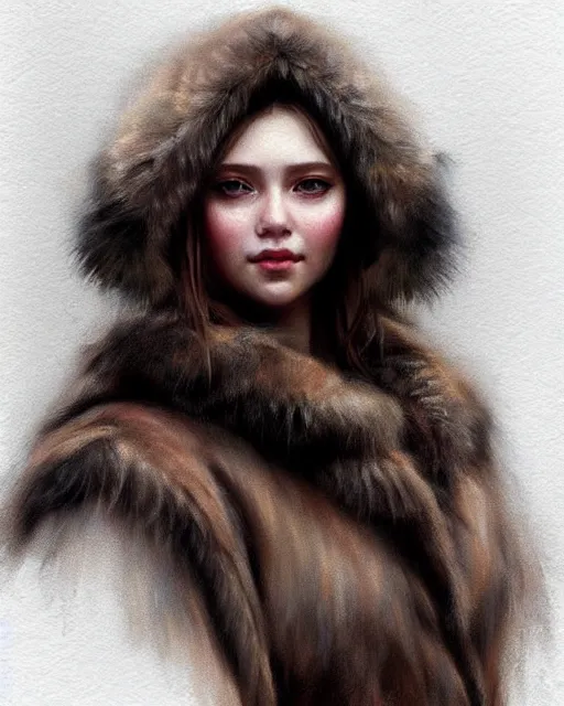 Image similar to a beautiful siberian girl with bear fur coat with beautiful decollete | | winter, realistic shaded, unpleasant face, bad looking, fine details, realistic shaded lighting poster by greg rutkowski, magali villeneuve, artgerm, jeremy lipkin and michael garmash and rob rey