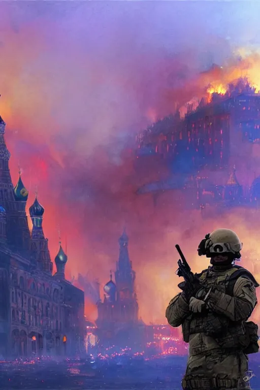 Prompt: special forces soldier with ukrainian blue and yellow flag on the foreground watching red square burn in the background, d & d, fantasy, bright atmosphere, volumetric lights, intricate, elegant, extremely detailed, digital painting, artstation, concept art, matte, smooth, sharp focus, hyper realistic, illustration, art by artgerm and greg rutkowski and alphonse mucha