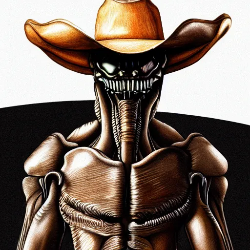 Prompt: a pencil sketch of a xenomorph wearing a cowboy hat, white background, fine detail, 8 k details