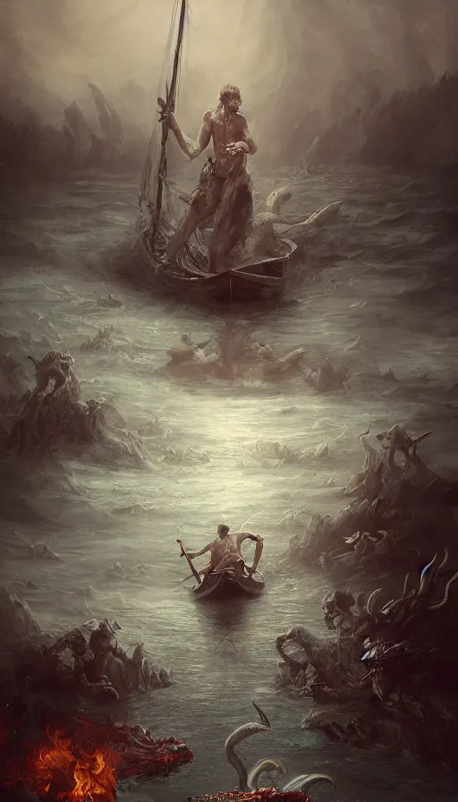 Prompt: man on boat crossing a body of water in hell with creatures in the water, sea of souls, by wlop