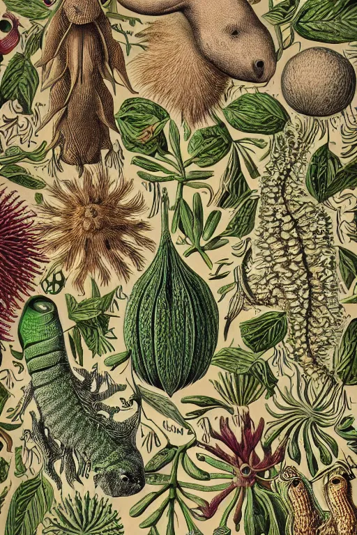 Image similar to an extremely high quality hd, a drawing of a group of plants and animals, an illustration of by earnst haeckel, deviantart, folk art, photoillustration, repeating pattern, woodcut, 8 k, ultra realistic, very realistic