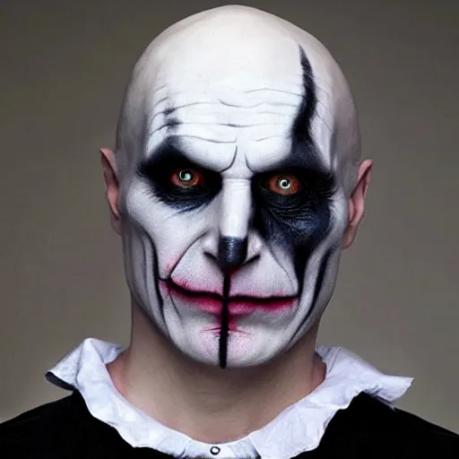 Image similar to voldemort with joker makeup, highly detailed