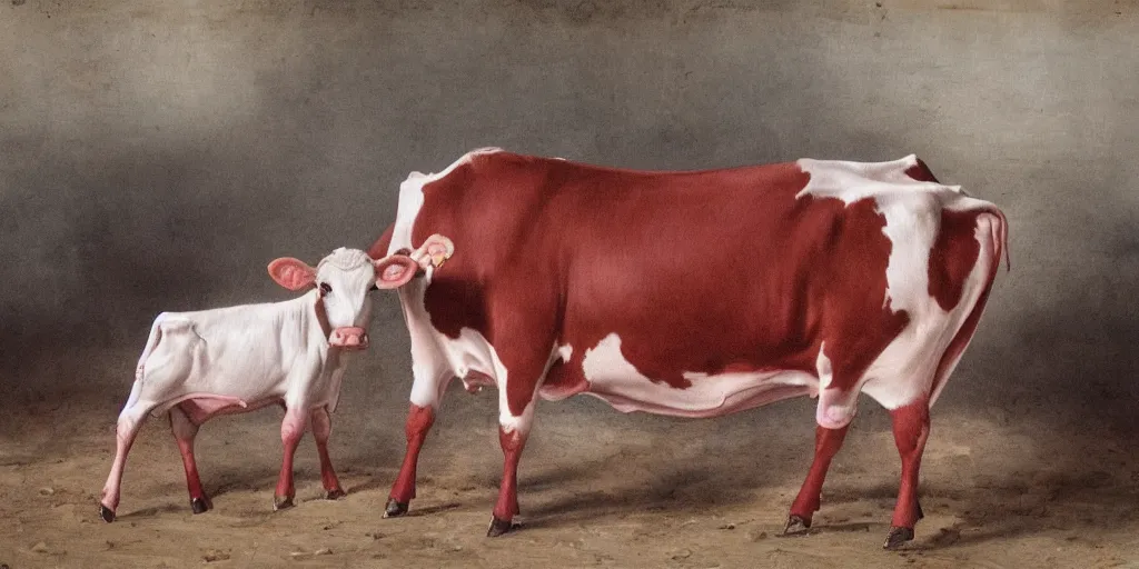Image similar to a cow giving its own meat to a person, hyper detailed, photorealistic