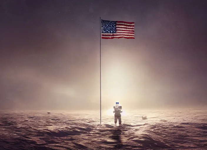 Image similar to astronaut holding a flag in an underwater desert. a submarine is visible in the distance. dark, concept art, cinematic, dramatic, atmospheric, 8 k, trending on artstation, blue, fish, low visibility, fog, ocean floor, christopher nolan, interstellar