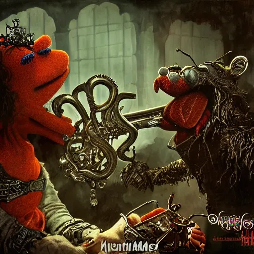 Image similar to muppets king of hell hell with trumpeters, intricate detail, royo, vallejo, frazetta, giger, whealan, hd, unreal engine,