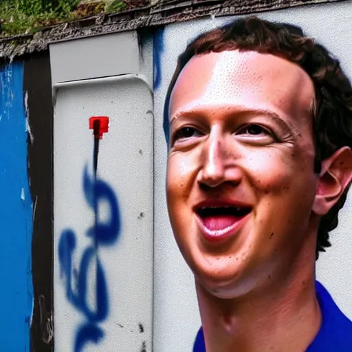 Image similar to mark zuckerburg huffing paint behind graffiti dumpster