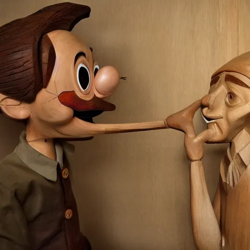 Prompt: gepetto is amazed when his wooden boy puppet pinocchio begins to come alive, talking and dancing around in his wood carving shop, 8k, photo realistic, vivid, digital art, trending on art station