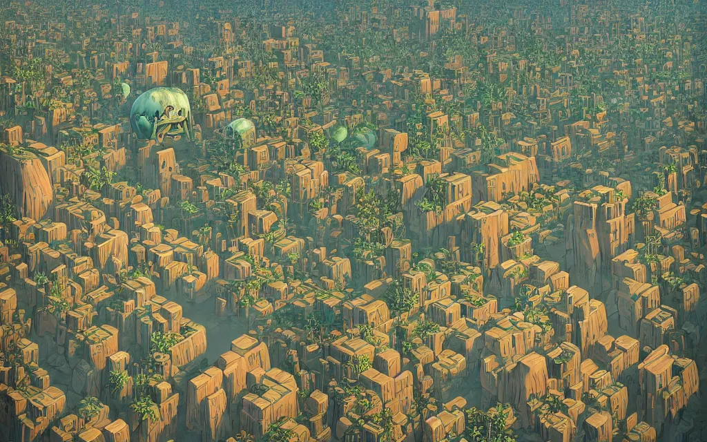 Image similar to gediminas pranckevicius very detailed, ilya kuvshinov, mcbess, rutkowski, illustration of a dense green alien megacity on a desert planet, alien architecture, seen from above, colorful, deep shadows, astrophotography