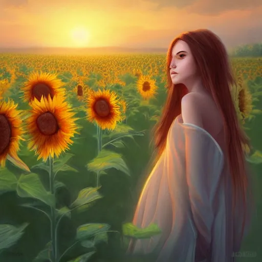 Image similar to Bedsheet Ghost in a field of sunflowers, sunset, highly detailed, digital painting, artstation, concept art, smooth, sharp focus, illustration, art by artgerm