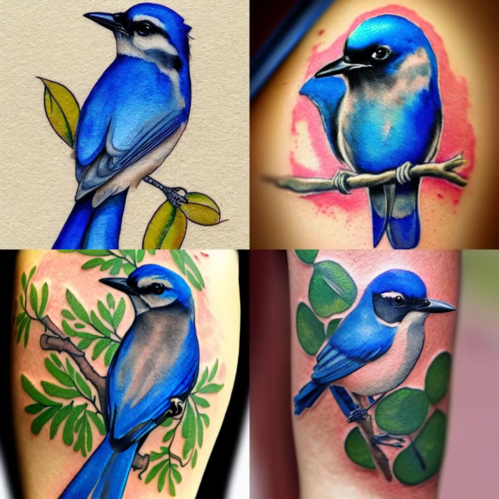 Image similar to tattoo of a California scrub jay, chibi, miniature, nature illustration tattoo, watercolor tattoo, detailed, inked