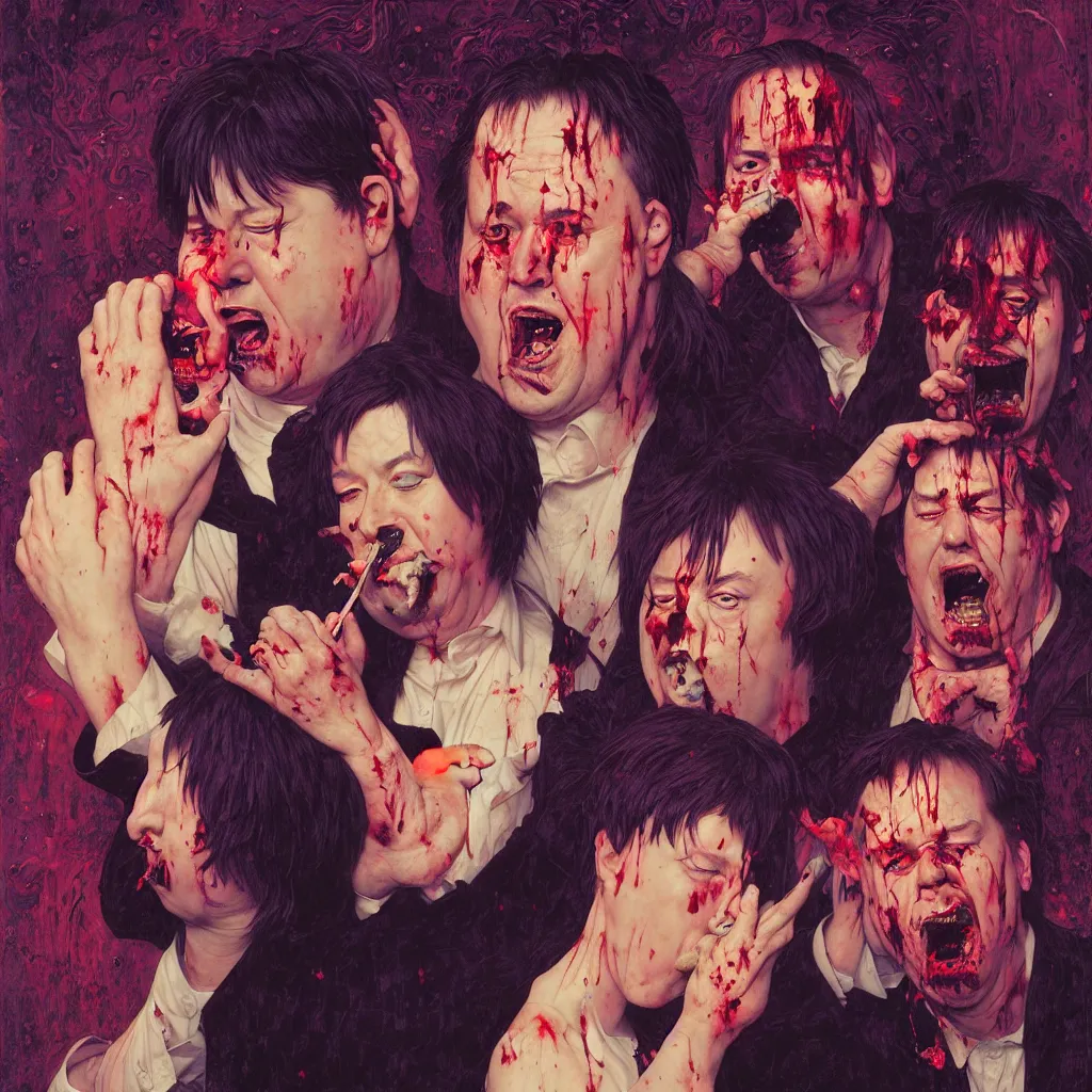 Image similar to weird and disturbing portrait of bill hicks and mike patton puking blood, vivid colors, happy, neon, art by ( ( ( kuvshinov ilya ) ) ) and wayne barlowe and gustav klimt and artgerm and wlop and william - adolphe bouguereau