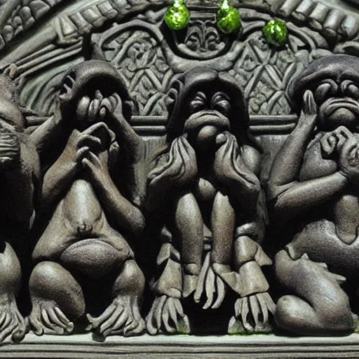 Image similar to feng shui, frog, fantasy, hear no evil, see no evil, speak no evil statues, ultra detailed,